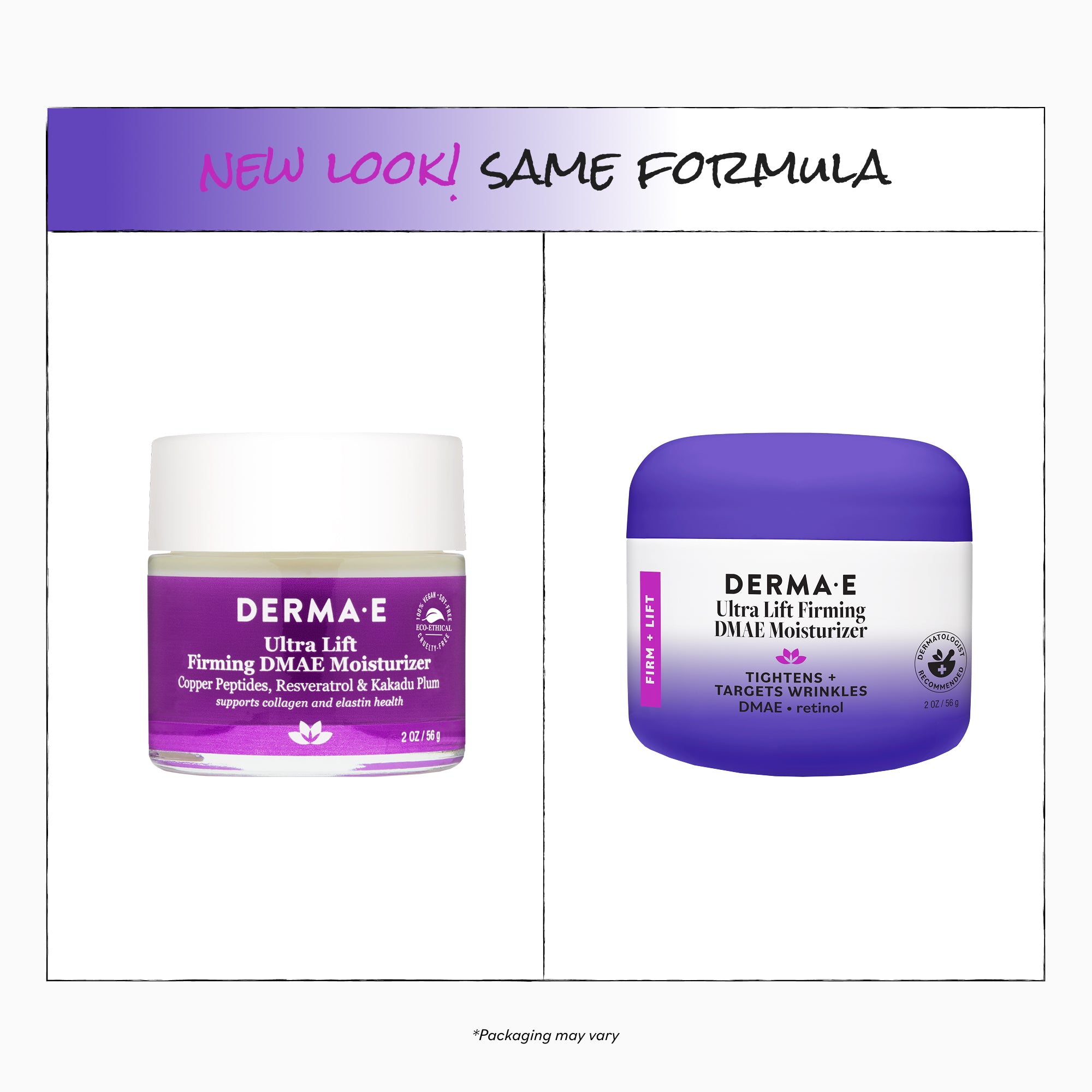 Two jars of Derma E Ultra Lift Firming DMAE Moisturizer with a purple and white design.