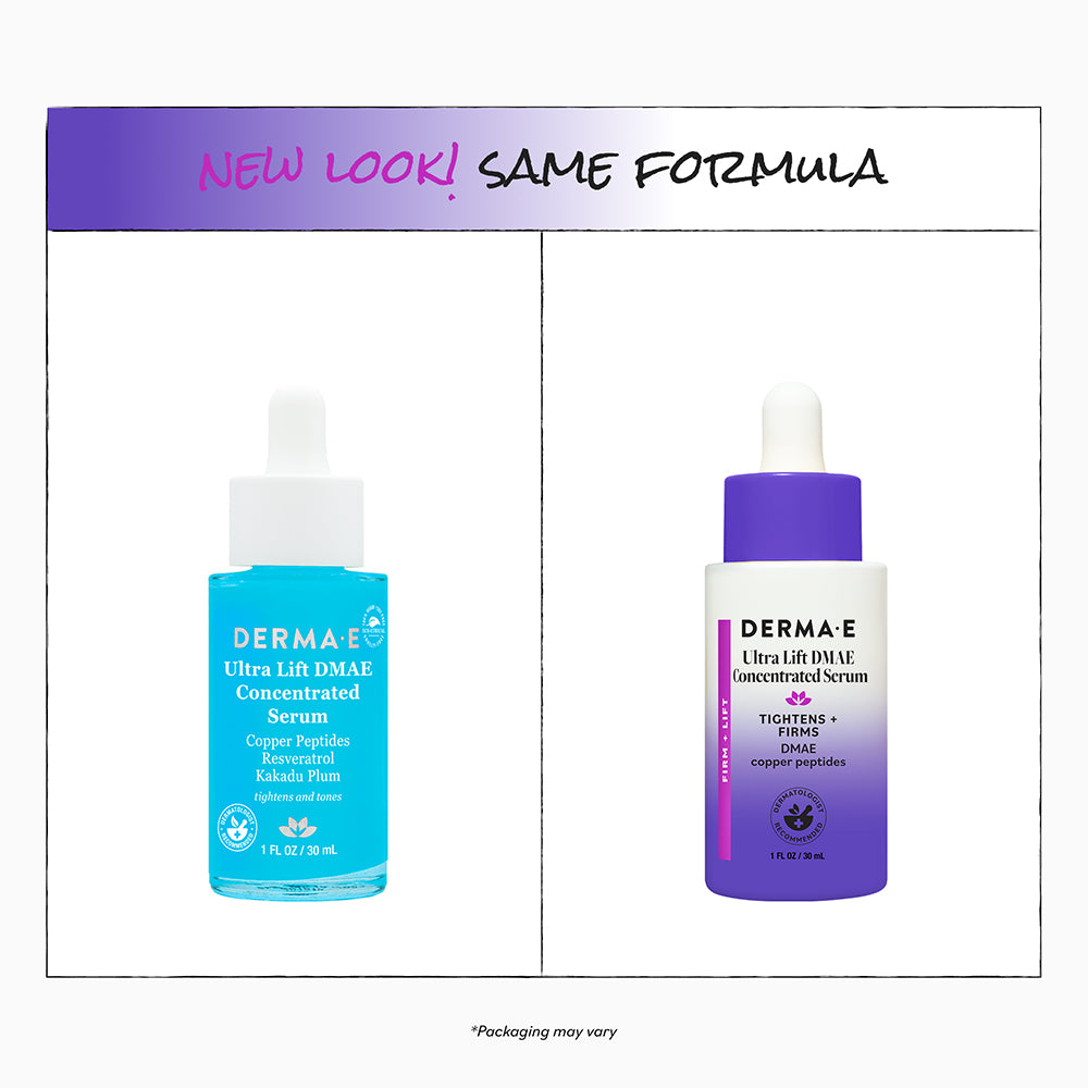 Two bottles of Derma E Ultra Lift DMAE Concentrated Serum with a purple and blue gradient on a white background.