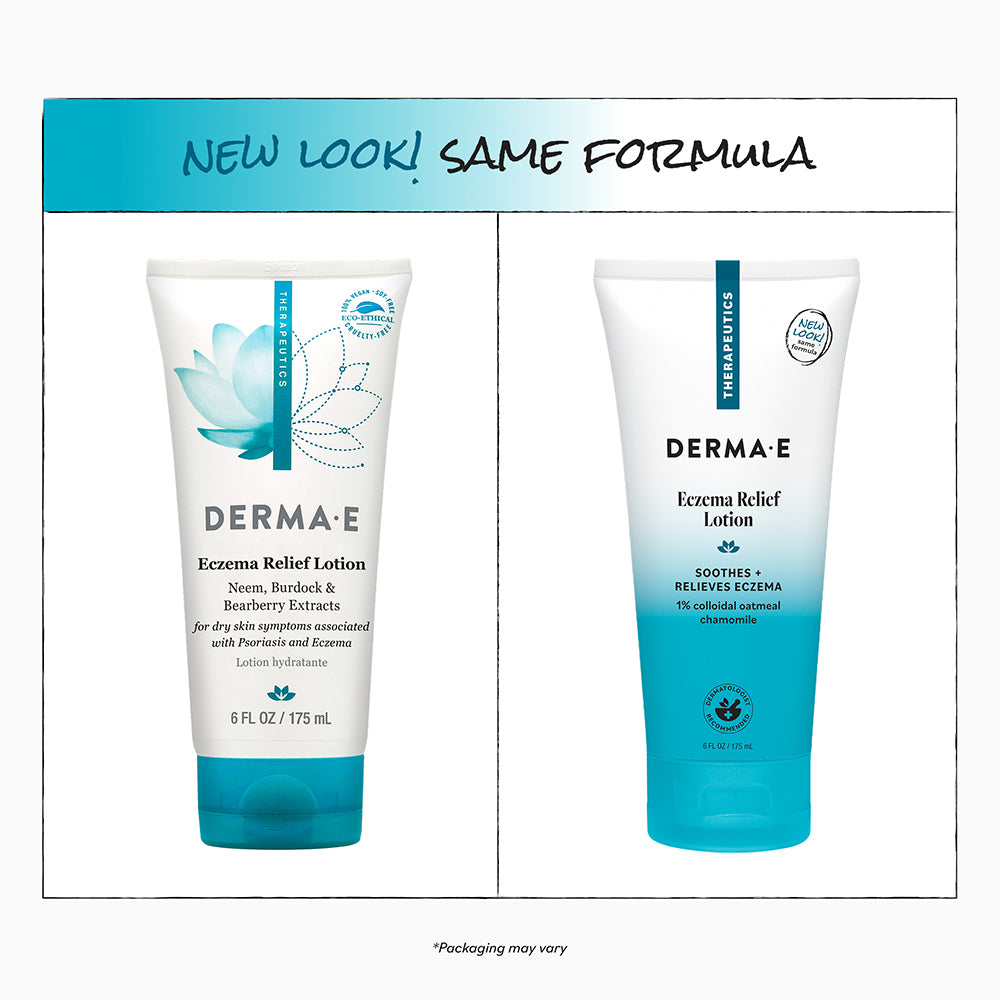Two tubes of Derma E Eczema Relief Lotion with a 'New Look! Same Formula' label.