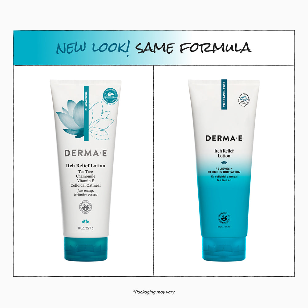 Two tubes of Derma E Itch Relief Lotion with a 'New Look! Same Formula' label.