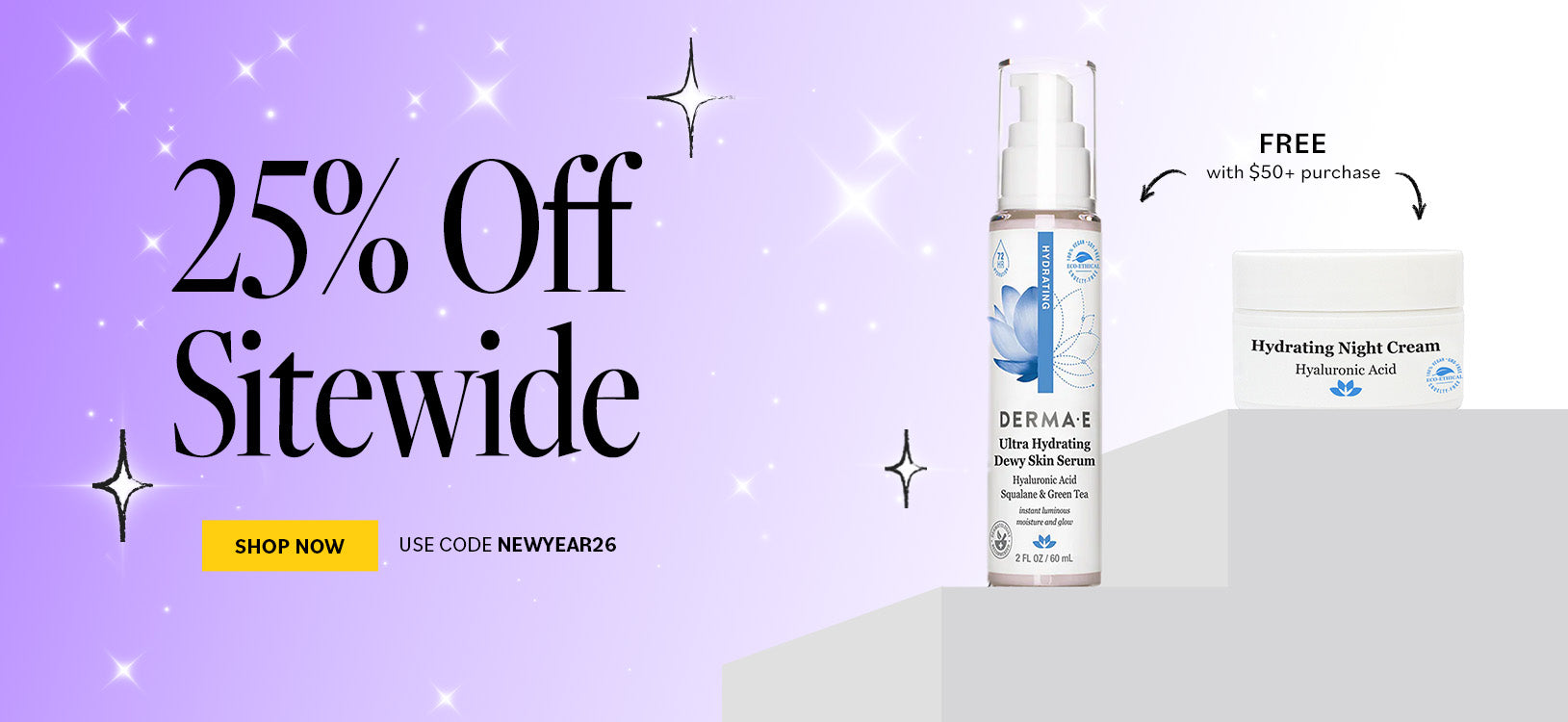 Cosmetic product with '25% Off Sitewide' offer on a purple background