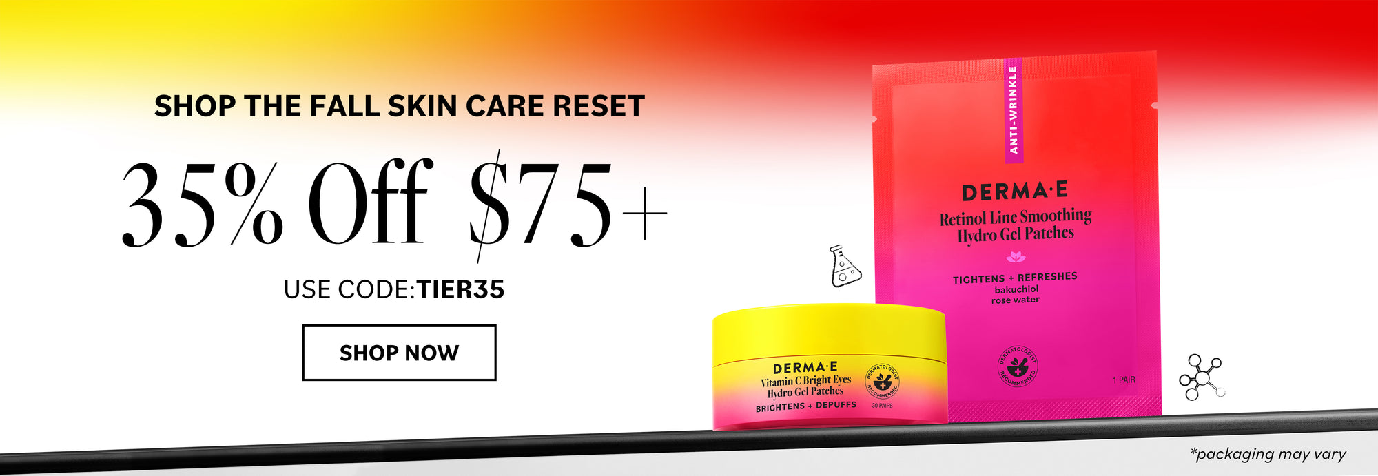 Promotional banner for Derma E skin care, featuring a red and pink stand-up pouch and a yellow jar on a red-to-white gradient background with sale text '35% Off $75+' and a 'SHOP NOW' button.