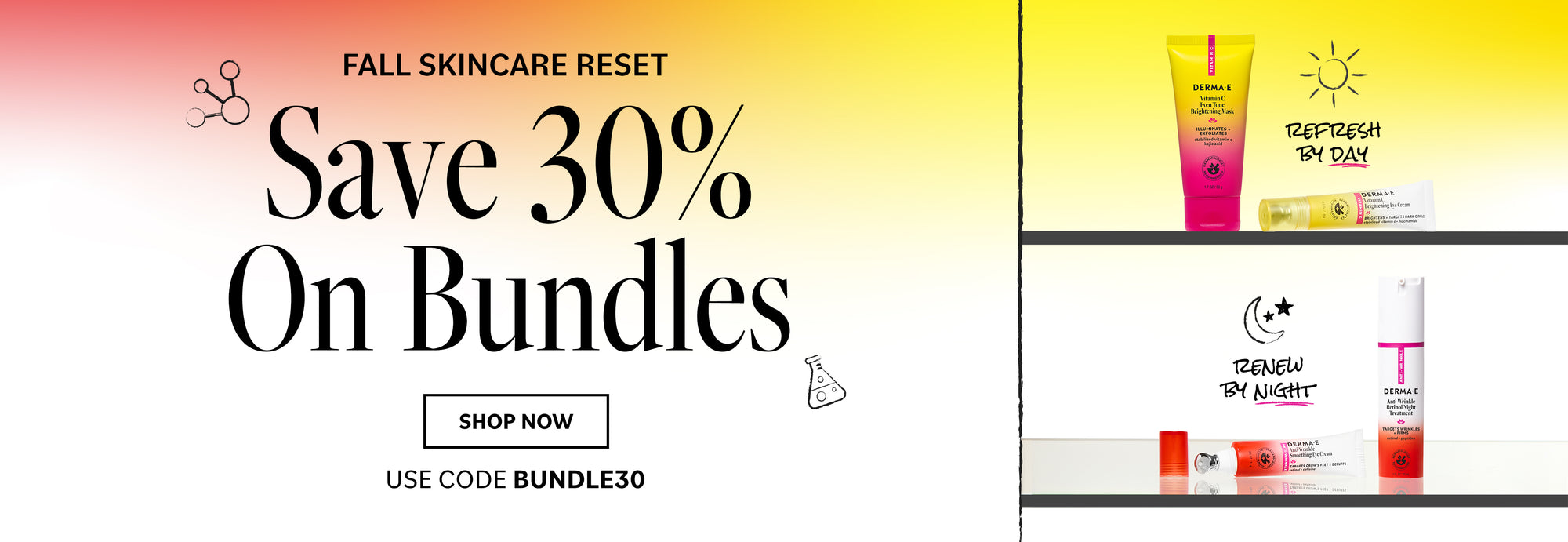 Promotional banner for a fall skincare reset bundle, featuring large text reading 'Save 30% On Bundles' with a 'Shop Now' button and code 'BUNDLE30'. The right side shows three skincare products in yellow, pink, white, and red packaging against a yellow-to-white gradient background.