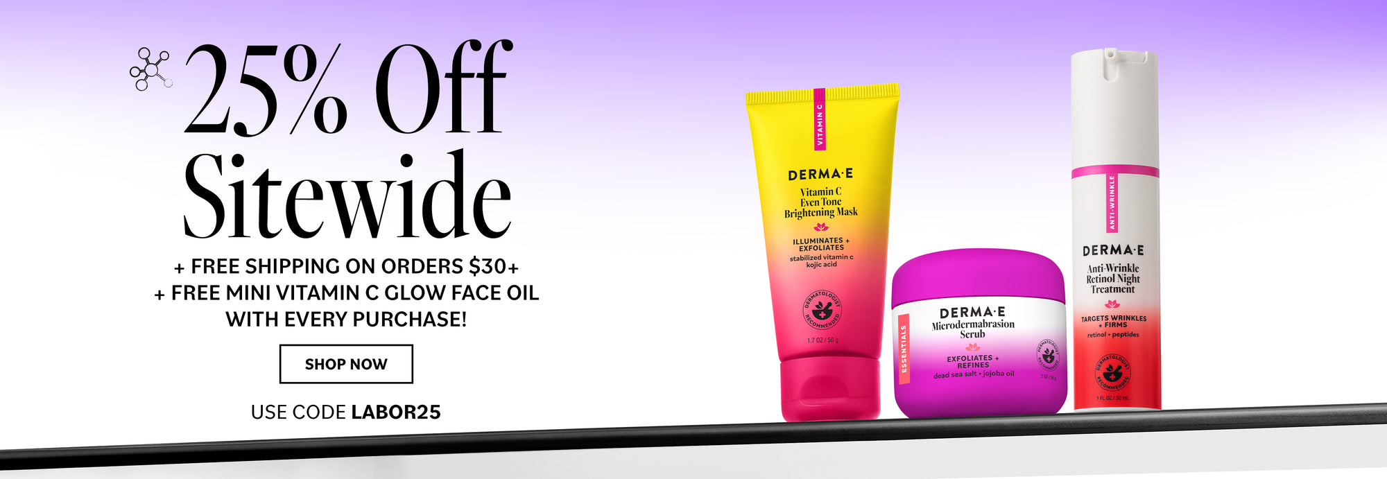 Promotional banner for Labor 25% Off Sitwide featuring three DeraE skincare products: a yellow-to-pink gradient tube, a purple jar, and a white-and-pink pump bottle, set against a purple gradient background with promotional text.