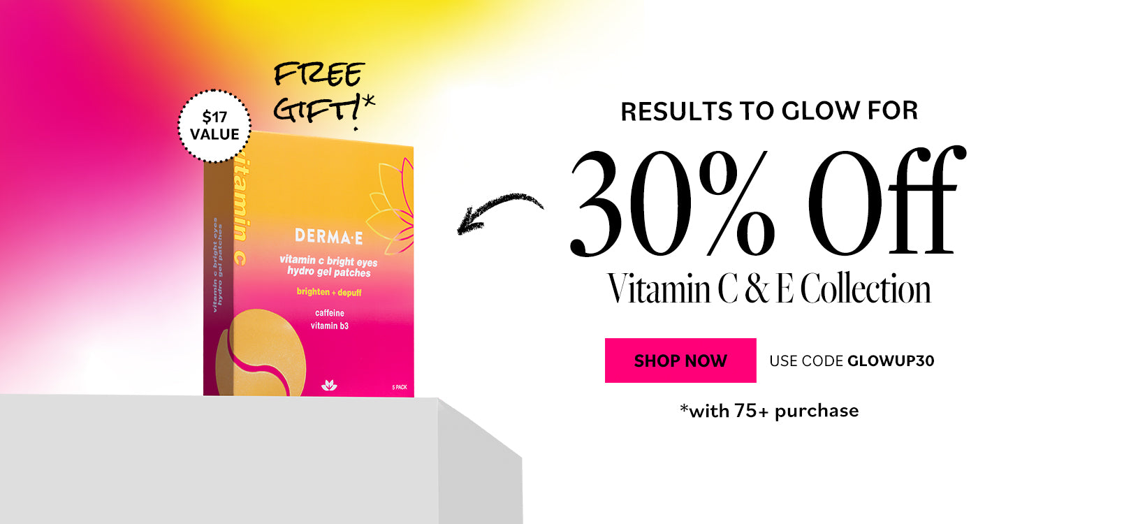 Promotional banner for a Vitamin C & E Collection with a free gift offer and discount code.