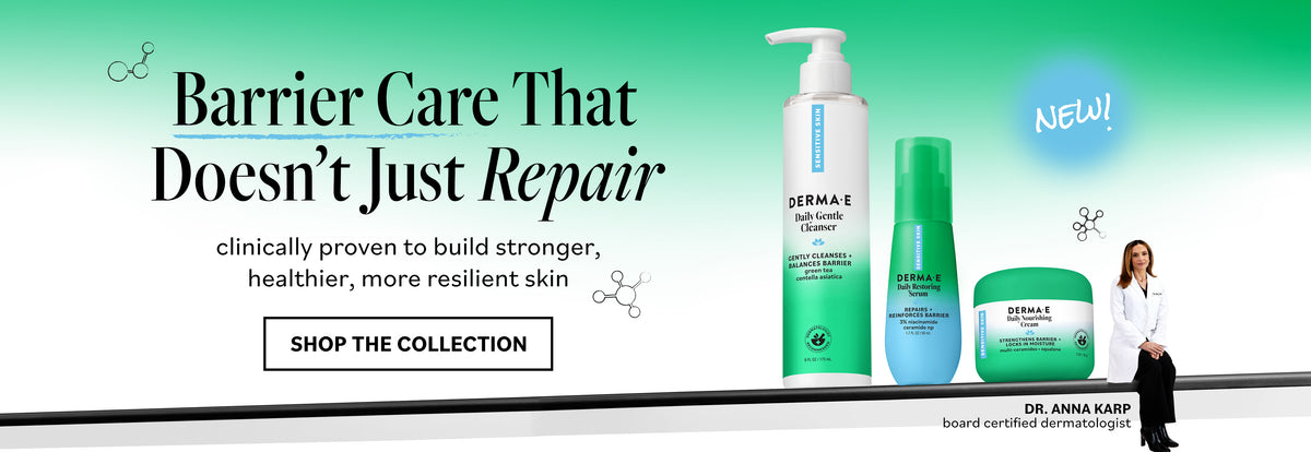 A promotional banner for DERMAE skincare products, featuring a white pump bottle, a green and blue bottle, and a green jar on a green gradient background with text reading 'Barrier Care That Doesn't Just Repair' and a small photo of Dr. Anna Karp.