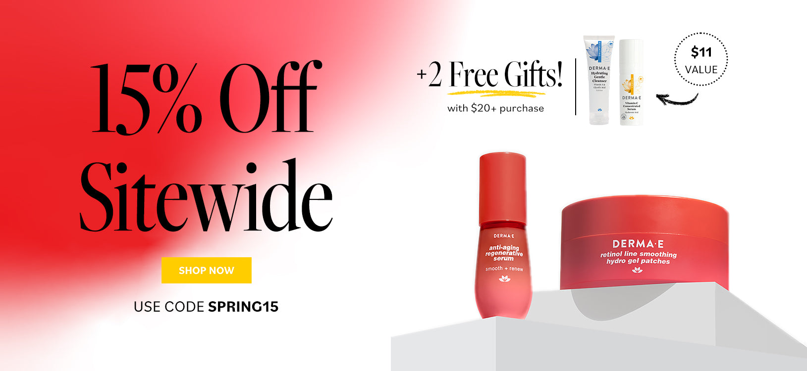 Promotional banner for Derma E with 15% off sitewide offer and free gifts with purchase.