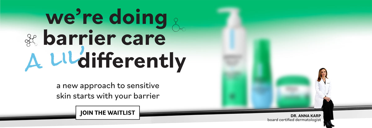 Promotional banner for a skincare initiative, featuring the text 'we're doing barrier care differently' alongside images of skincare bottles and a doctor in a white coat.