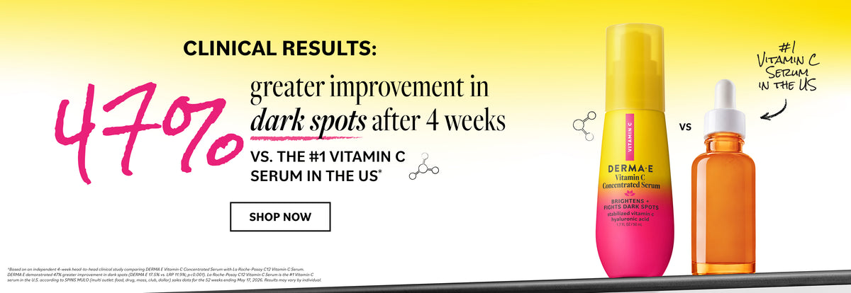 A promotional banner for Derma-G Vitamin C Serum, showing a yellow and pink bottle alongside an orange serum bottle with text highlighting clinical results and a 'SHOP NOW' button.