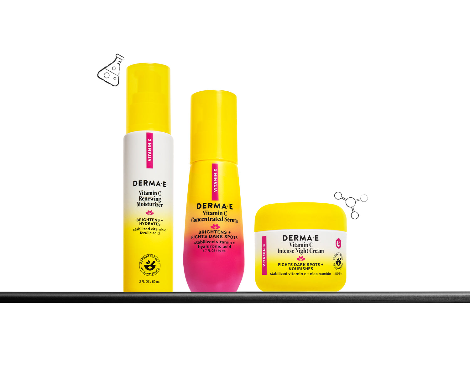 Three Derma E skincare products on a white background
