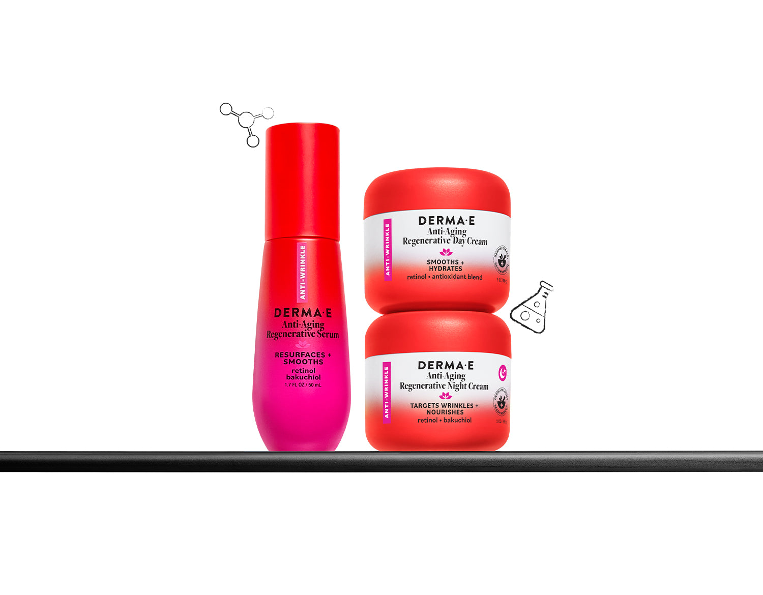 Three red skincare products from Derma E on a white background