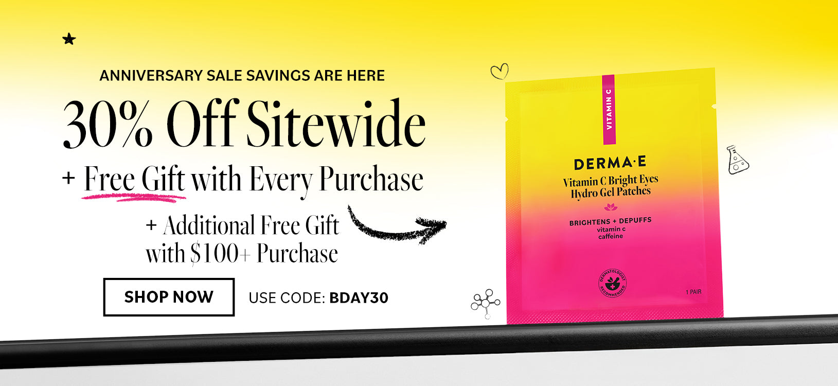 Promotional banner for Derma E product with anniversary sale savings and discount code.