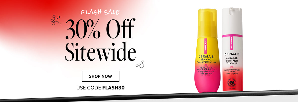 Promotional banner for Derma-E hair care products showing a yellow and pink bottle and a white and pink spray can on a white background with red gradient and sale text reading '30% Off Sitewide' and 'FLASH SALE'.