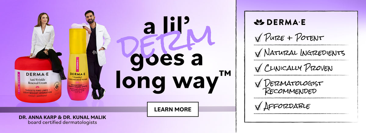 Promotional banner for Derma-E skincare products featuring Dr. Anna Karp and Dr.