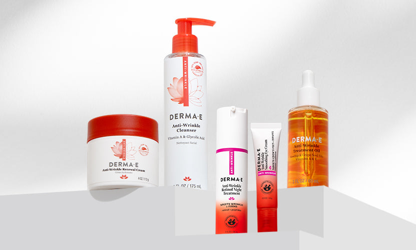 Collection of Derma E skincare products on a white background