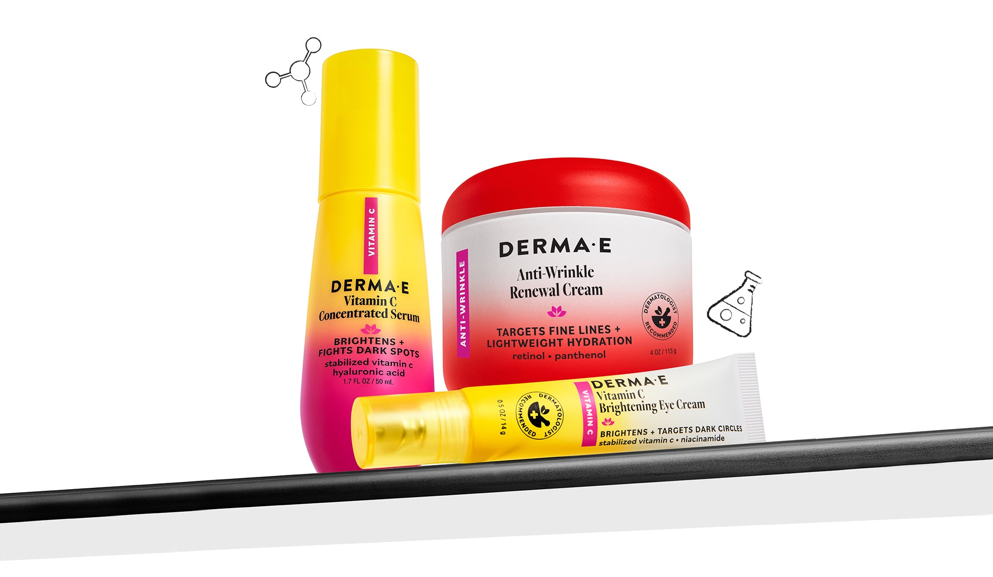 Derma E skincare products including a serum, cream, and eye cream on a white background