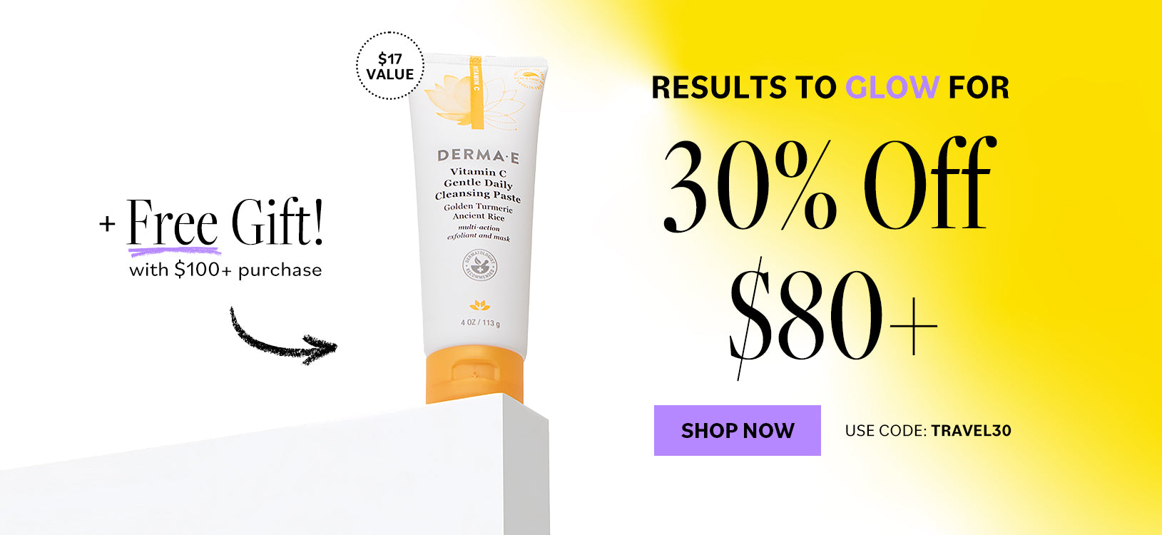 Promotional banner for a skincare product with a discount offer on a yellow and white background.