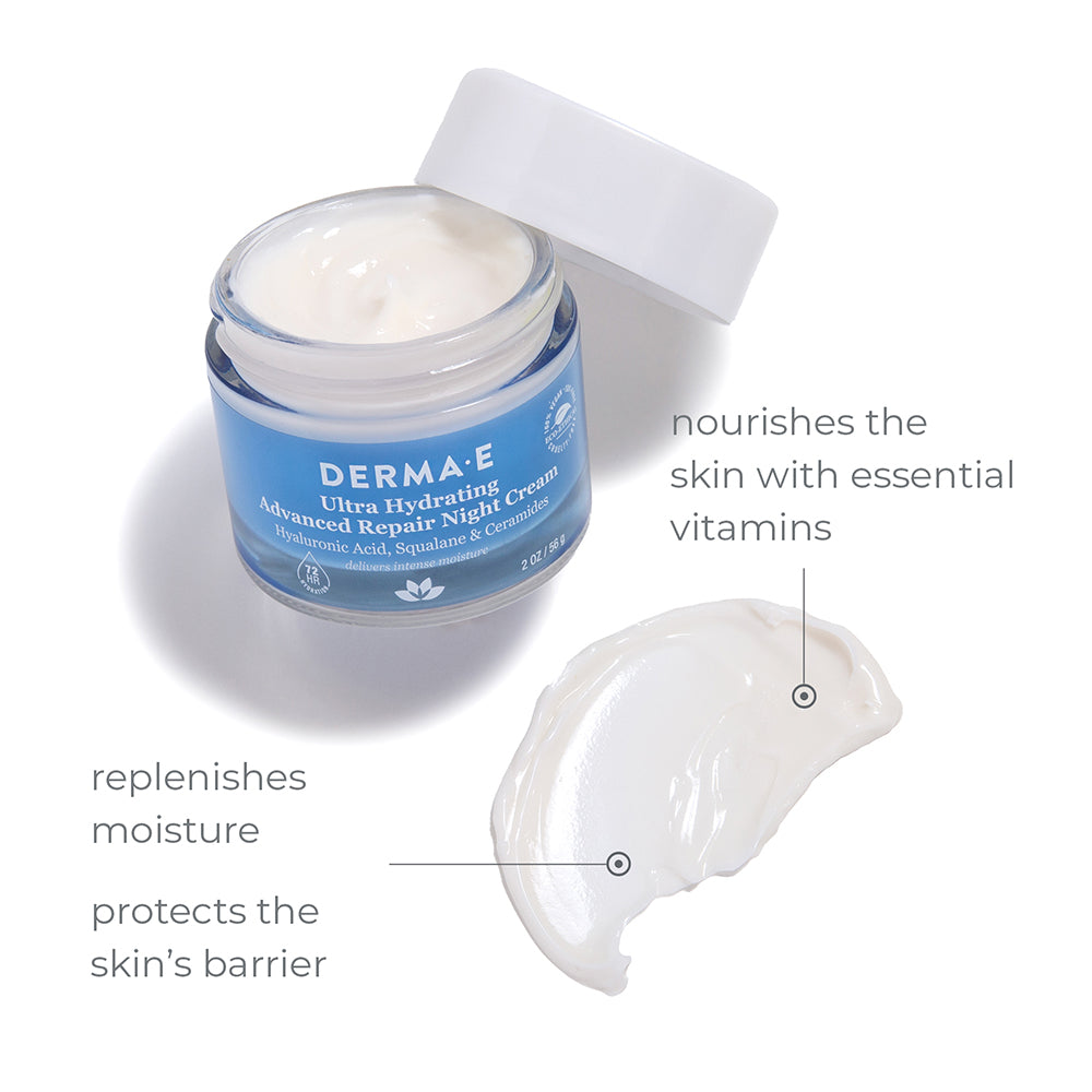 Jar of DERMAE Ultra Hydrating Advanced Repair Night Cream open with a smear. Nourishes skin with the essential vitamins, replenishes moisture and protects the skin's barrier.