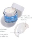 Jar of DERMAE Ultra Hydrating Advanced Repair Night Cream open with a smear. Nourishes skin with the essential vitamins, replenishes moisture and protects the skin's barrier.