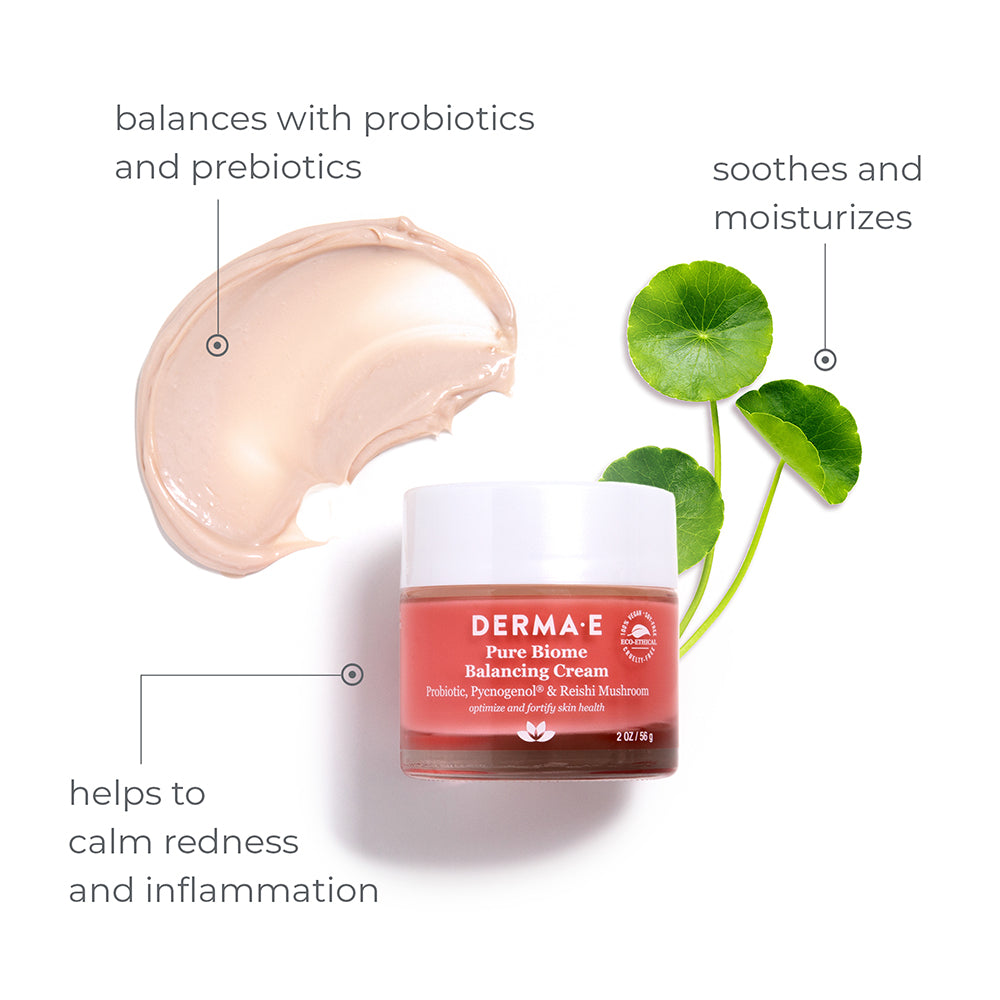 Pure Biome Balancing Cream balances with probiotics and prebiotics, soothes and moisturizes, and helps to calm redness and inflammation. 