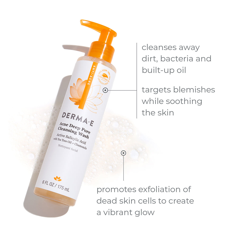 flat lay photo of DERMA E acne deep pore cleanser that purifies skin and reduces breakouts 