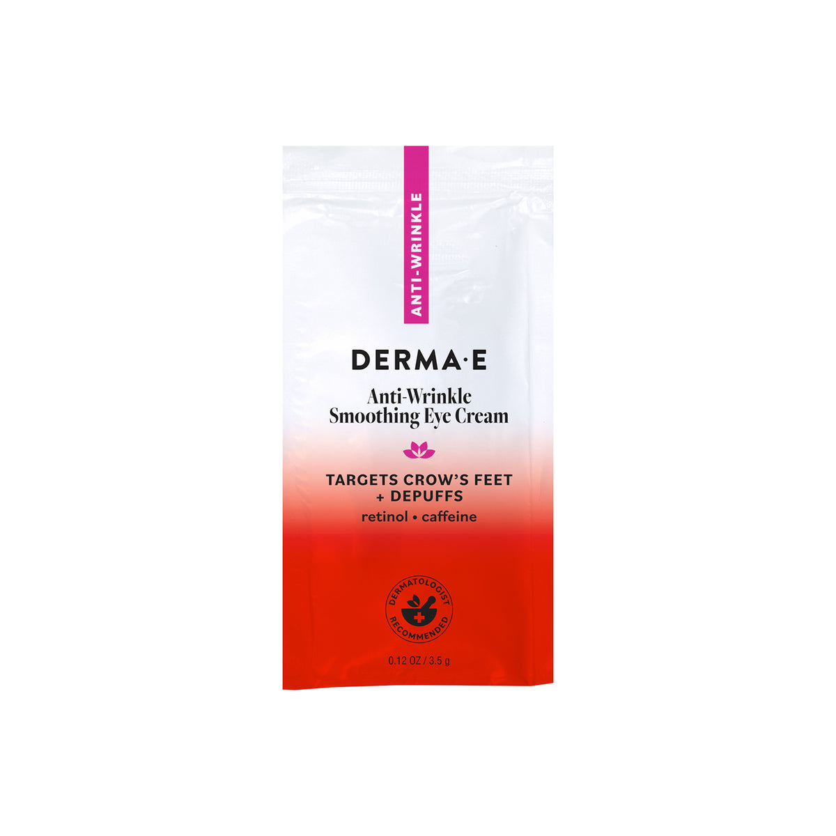 A stand-up pouch of Derma-E Anti-Wrinkle Smoothing Eye Cream, featuring a white-to-red gradient design with a vertical pink accent stripe on the left side.