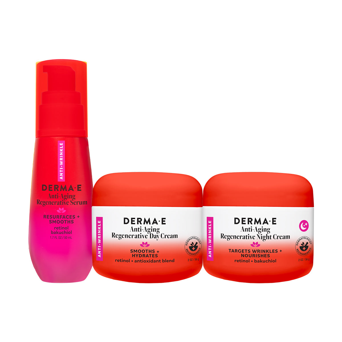 Three Derma-E anti-aging skincare products arranged together on a white background: a pink pump bottle labeled Resurfaces + Smooths, a round jar labeled Smooths + Hydrates, and another round jar labeled Tablets + Wrinkles + Nourishes.