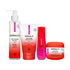 Set of Derma E skincare products including cleanser, scrub, serum, and cream on a white background