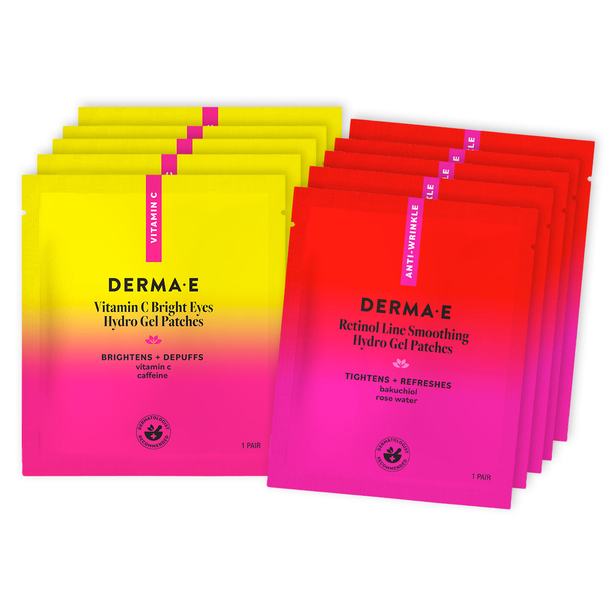 Two stacks of Derma-E Vitamin C Bright Eyes Hydro Gel Patches on the left and Retinol Line Smoothing Hydro Gel Patches on the right, shown in vibrant yellow-to-pink and red-to-pink gradient sachets.