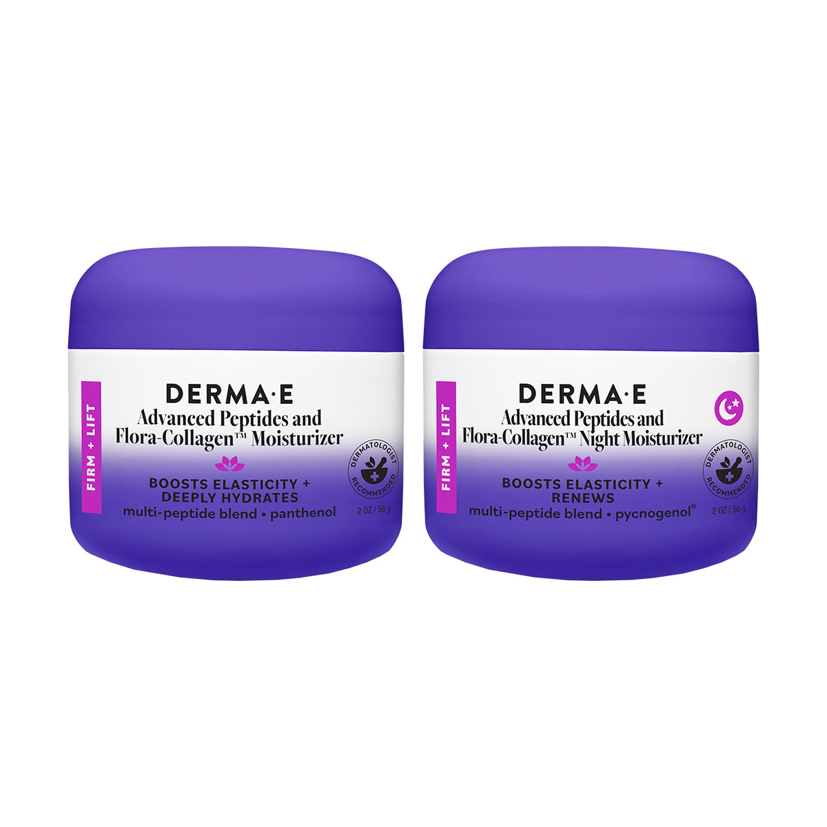Two purple jars of DERMA+E skincare products on a white background: Advanced Peptides and Flora Collagen Moisturizer and Advanced Peptides and Flora Collagen Night Moisturizer.