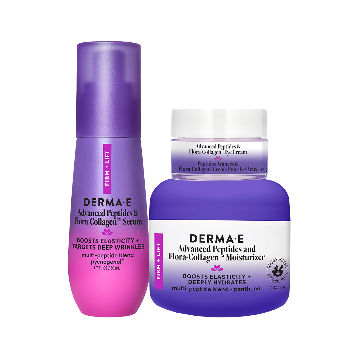 DERMA-E Advanced Peptides & Flora Collagen skincare set featuring a purple and pink serum bottle next to a matching purple and white moisturizer jar on a white background.