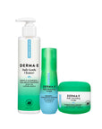 A three-piece skincare set from DERMA-E on a solid white background, featuring a Daily Gentle Cleanser pump bottle, a Daily Restoring Serum bottle, and a Daily Nourishing Cream jar.