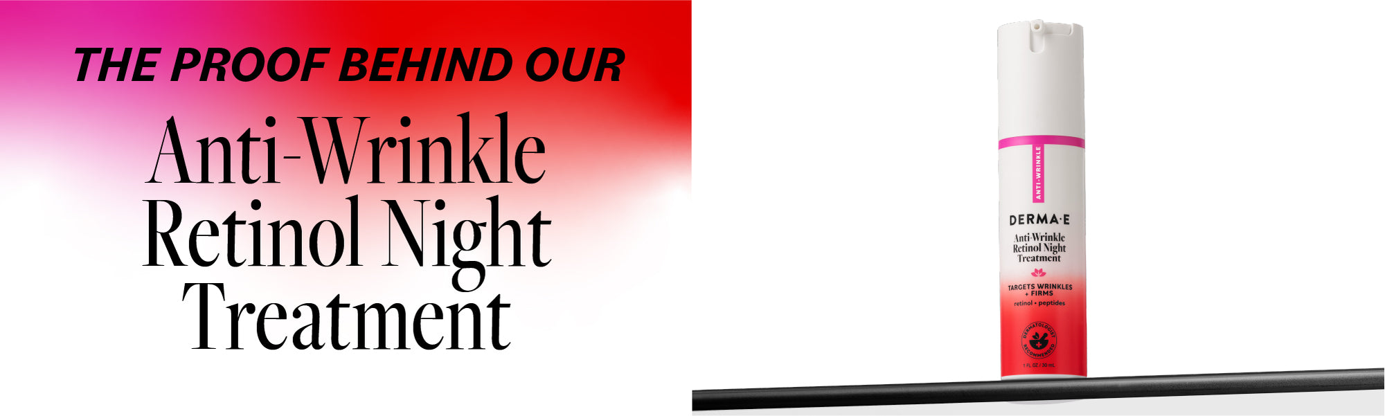 Anti-wrinkle retinol night treatment bottle with promotional text on a red and pink gradient background
