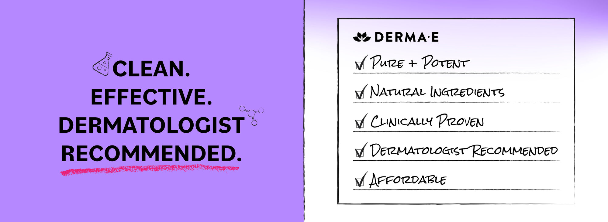 Promotional graphic for Derma E with text about product attributes on a purple background