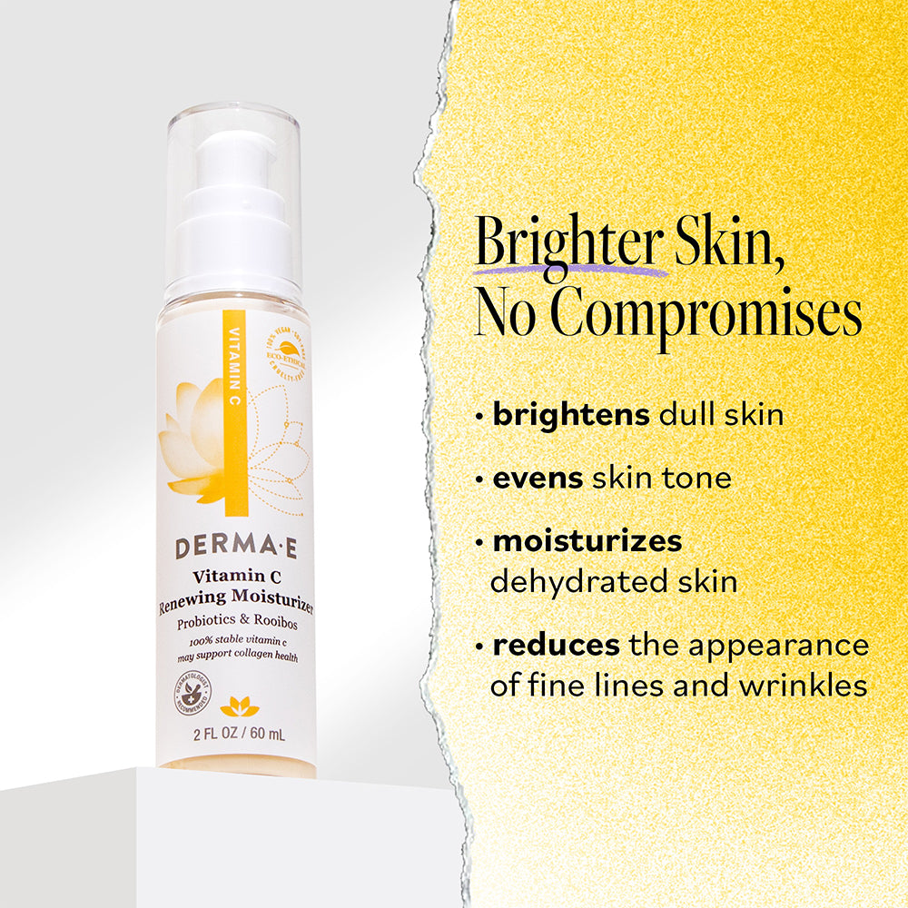 Benefits of Derma E Vitamin C Renewing Moisturizer: brightens dull skin, evens skin tone, moisturizes dehydrated skin, and reduces the appearance of fine lines and wrinkles