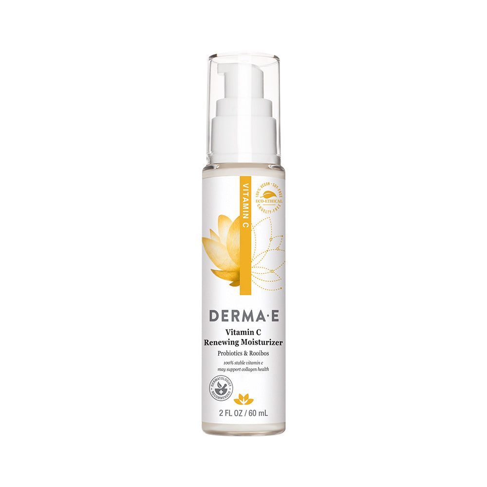 Product shot of Derma E Vitamin C Renewing Moisturizer bottle, featuring clean and eco-friendly packaging design.
