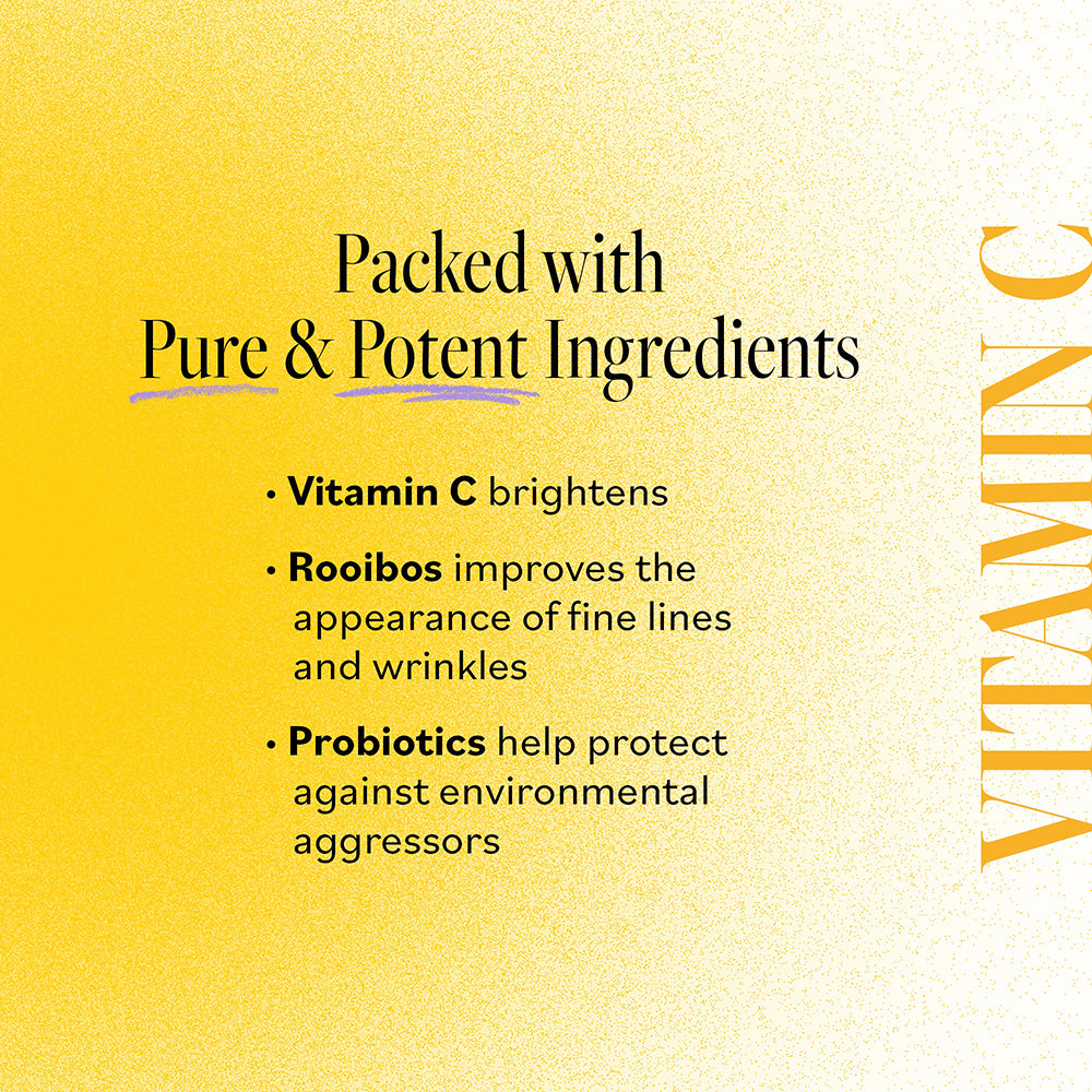 Key ingredients in Derma E Vitamin C Renewing Moisturizer: Vitamin C to brighten, Rooibos to improve fine lines and wrinkles, and Probiotics to protect against environmental aggressors.