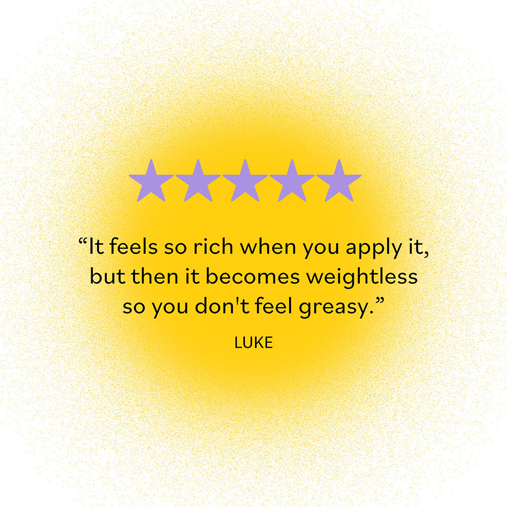 Five-star customer review: &#39;It feels so rich when you apply it, but then it becomes weightless so you don&#39;t feel greasy,&#39; emphasizing the luxurious and lightweight feel of the moisturizer.