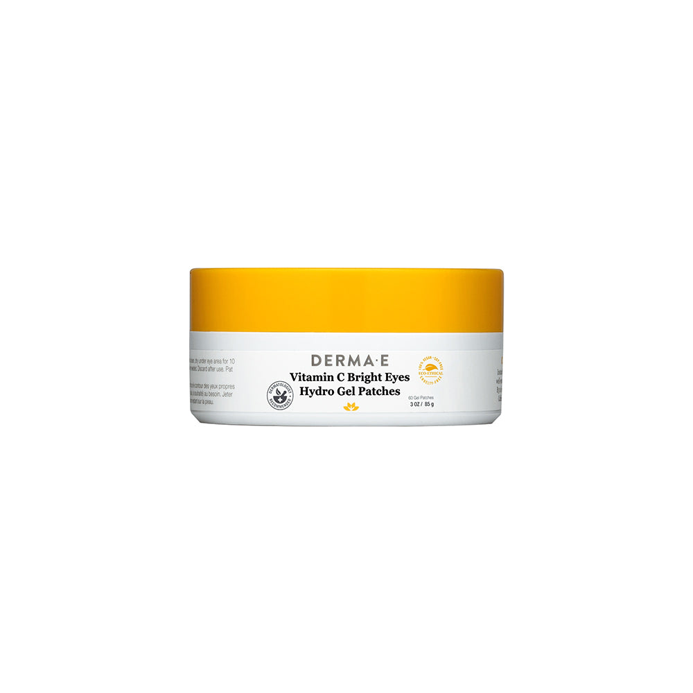 Derma E Vitamin C Bright Eyes Hydro Gel Patches in a white and yellow jar, 3 oz (85 g), formulated to brighten and depuff the under-eye area.