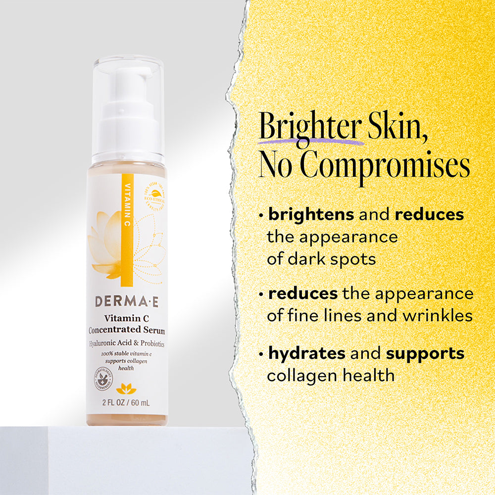 Derma E Vitamin C Concentrated Serum bottle next to text highlighting its benefits: brightens and reduces the appearance of dark spots, reduces the appearance of fine lines and wrinkles, hydrates and supports collagen health.