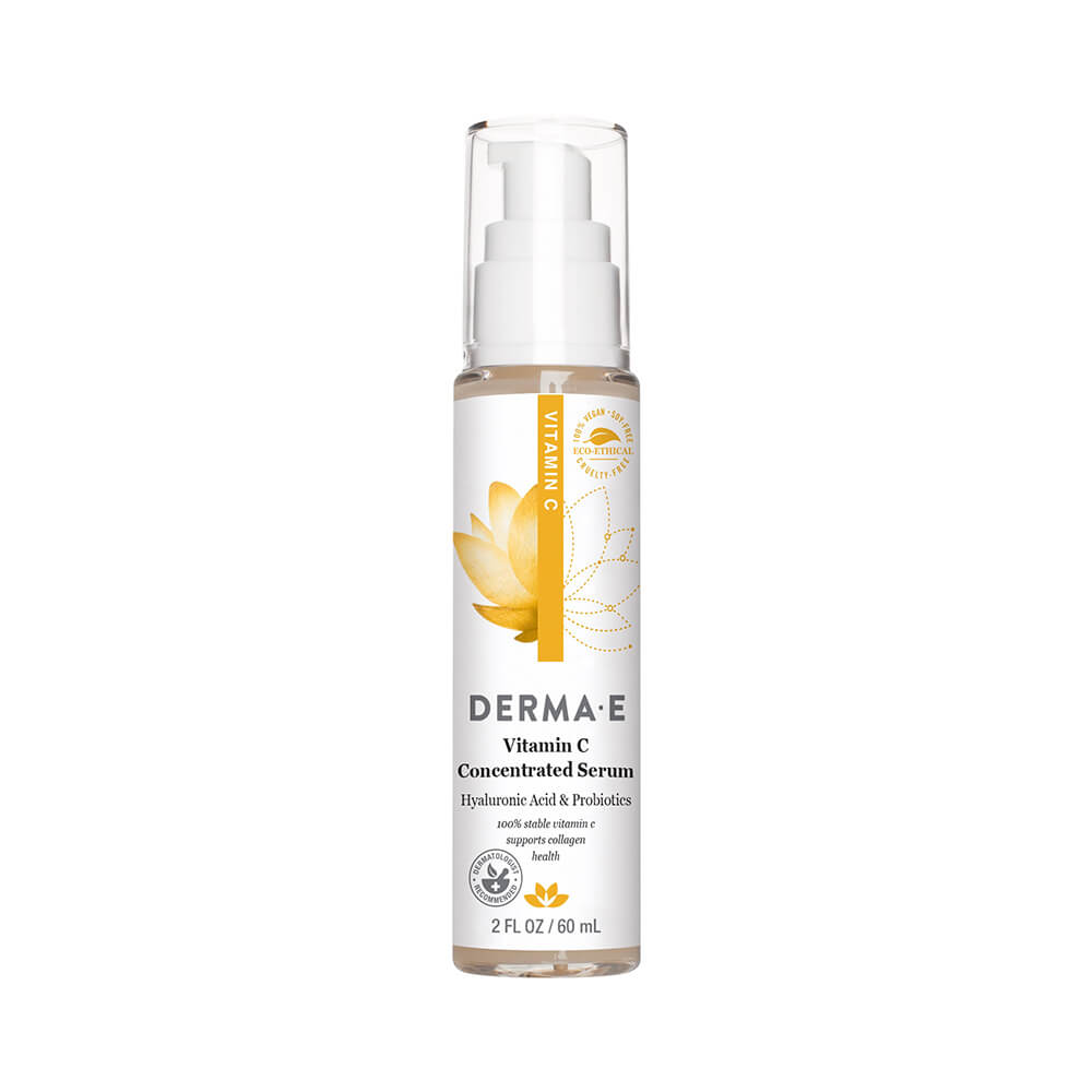 DERMA E Vitamin C Concentrated Serum, a brightening and hydrating formula in a convenient bottle.