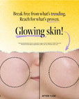 Before and after comparison showing glowing skin results from using Vitamin C Glow Face Oil. Text reads: 'Break free from what's trending. Reach for what's proven. Glowing skin!' with visible improvement in skin texture and radiance after one use.