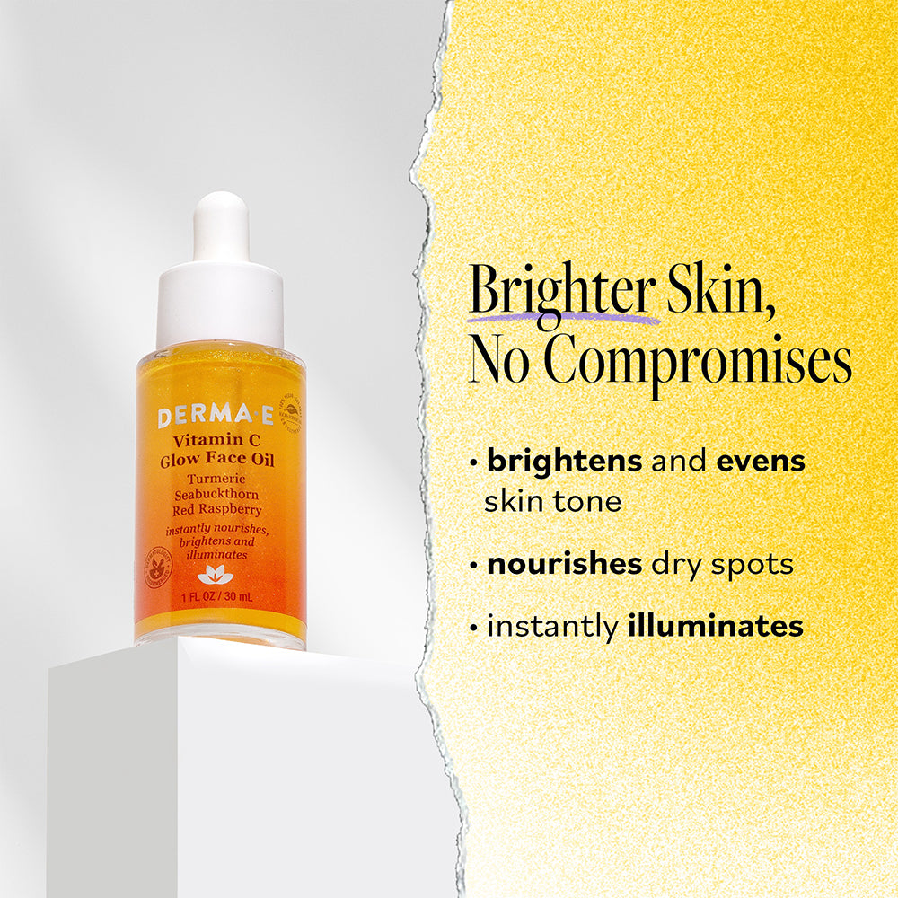 Benefits of Derma E Vitamin C Glow Face Oil: brightens and evens skin tone, nourishes dry spots, and instantly illuminates the skin.