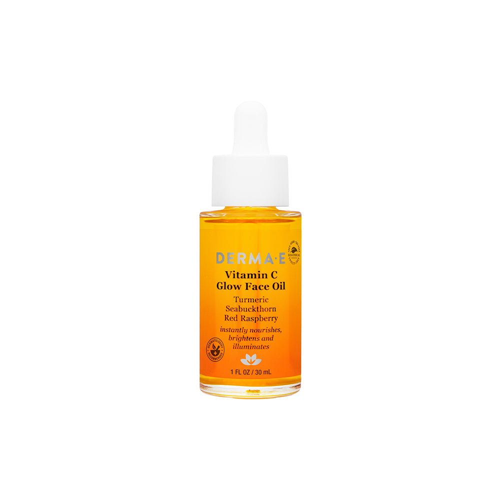 Product shot of Derma E Vitamin C Glow Face Oil bottle, featuring vibrant and eco-friendly packaging design.