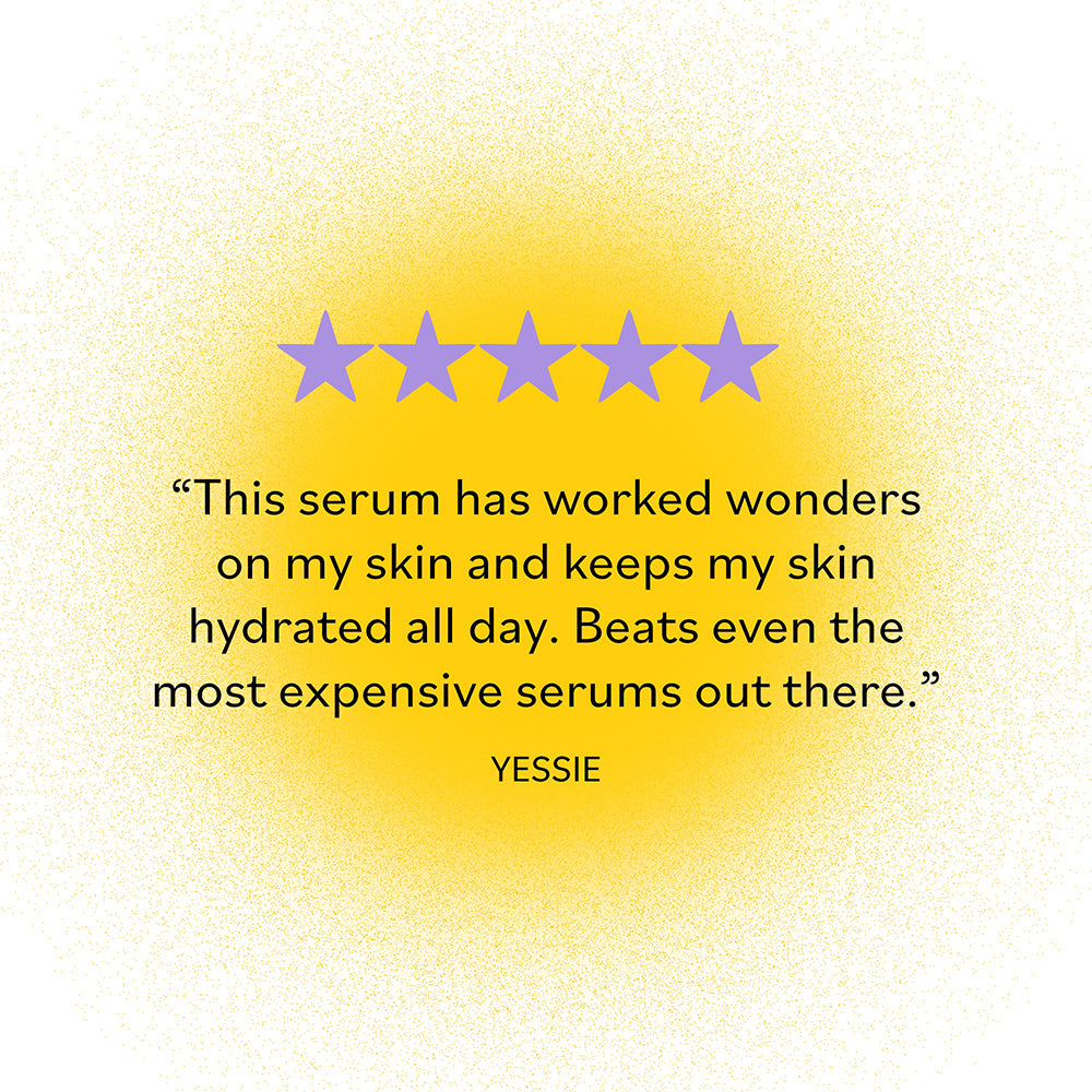 Five-star customer review: &#39;This serum has worked wonders on my skin and keeps my skin hydrated all day. Beats even the most expensive serums out there,&#39; highlighting the efficacy and value of the serum.