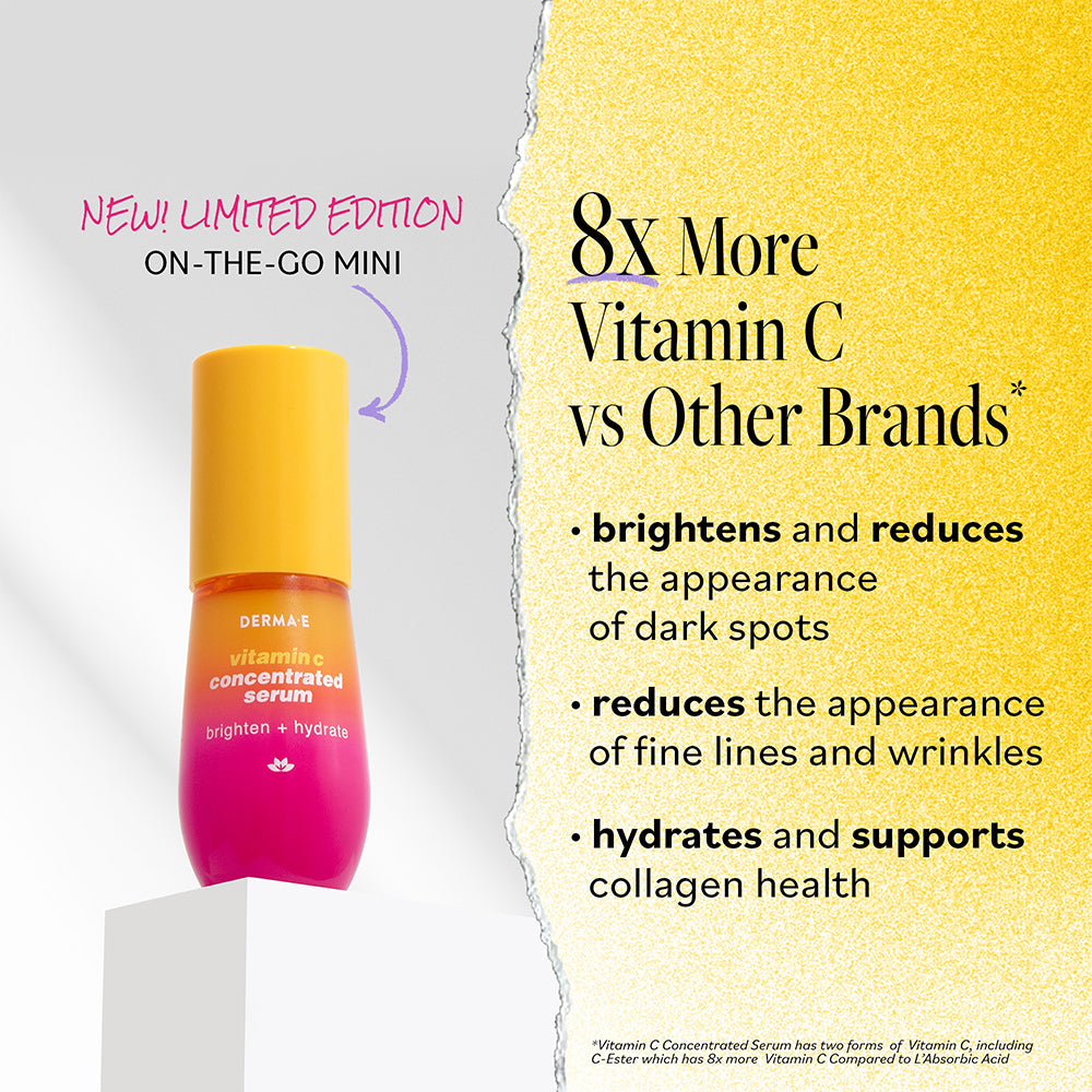 New! Limited Edition On-The-Go Mini. 8x more Vitamin C vs other brands. Benefits include brightening and reducing dark spots, reducing fine lines and wrinkles, and supporting collagen health.