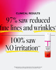"Clinical Results: 97% saw reduced fine lines and wrinkles*. 100% saw NO irritation**. Product shown: DERMA-E Anti-Wrinkle Retinol Night Treatment."