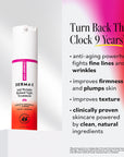 Image of DERMA-E Anti Wrinkle Retinol Night Treatment bottle with a white top and orange bottom, featuring a pink label. Text on the right says: 'Turn Back The Clock 9 Years*' followed by bullet points: anti-aging powerhouse fights fine lines and wrinkles; improves firmness and plumps skin; improves texture; clinically proven skincare powered by clean, natural ingredients.