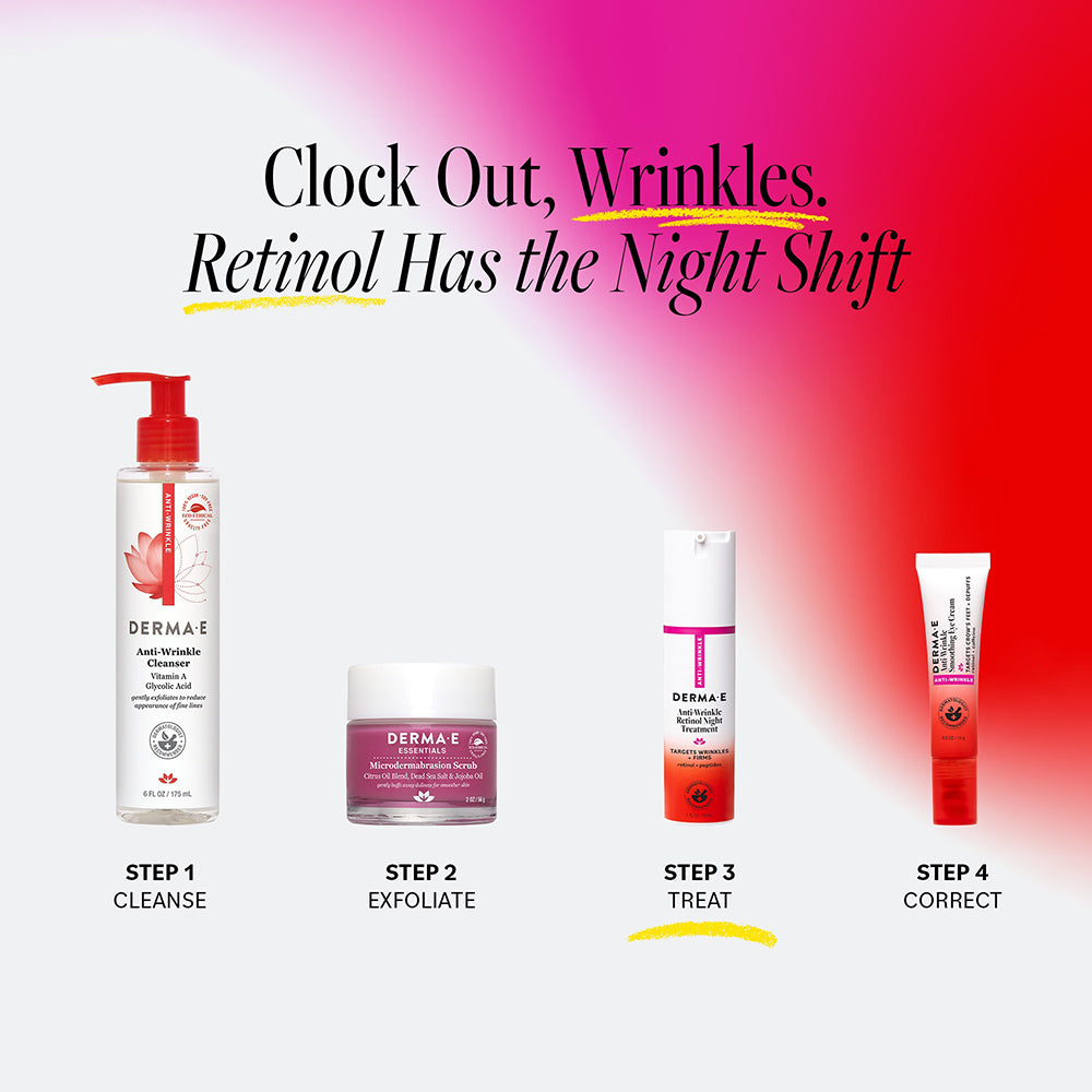 Derma E skincare product lineup with text 'Clock Out, Wrinkles. Retinol Has the Night Shift' on a gradient background.