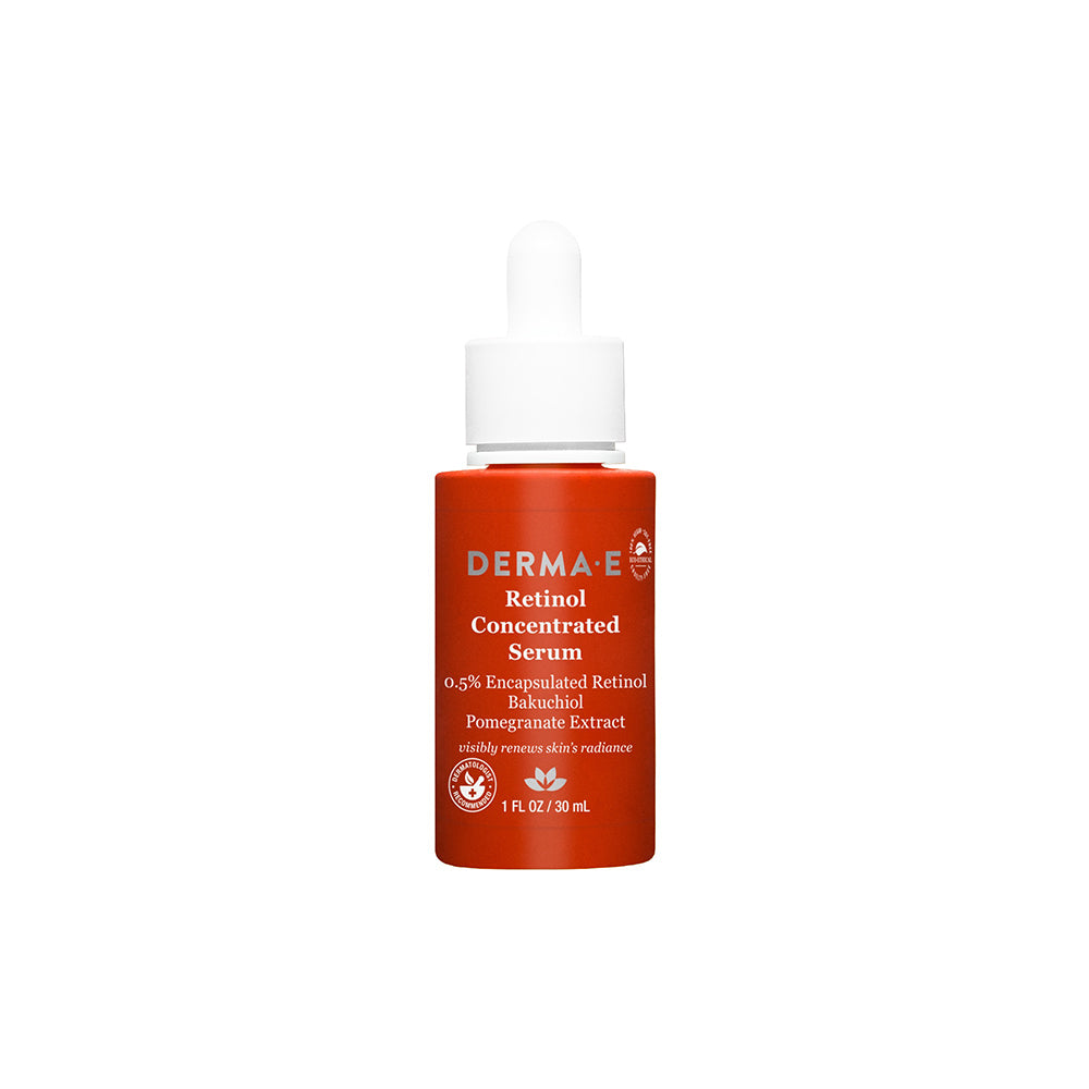 Product shot of Derma E Retinol Concentrated Serum bottle, featuring clean and vibrant packaging design.